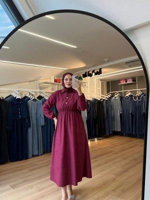 Bordo Beli Büzgülü Süet Kumaş Elbise