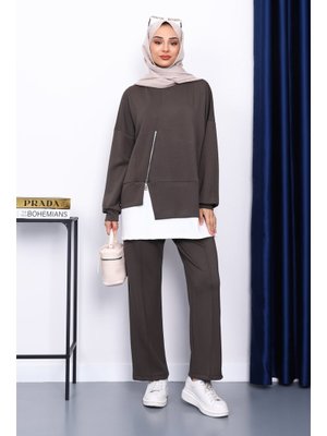 Koyu Haki Fermuar Detaylı Modal Tunik Pantolonlu Takım