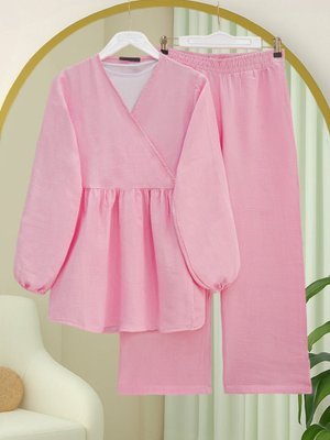 Pudra Kolu Lastikli İp Bağcıklı Müslin Takım