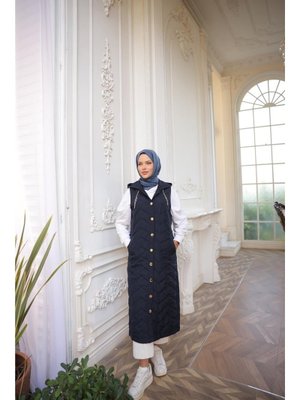 Lacivert Kapüşonlu Çıtçıtlı Kolsuz Cepli Kapitone Uzun Yelek 46)