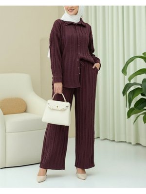 Mürdüm Dokulu Düğmeli Dikey Şeritli Pantolon Gömlek Takım