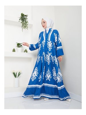 Mavi Etnik Desenli Elbise