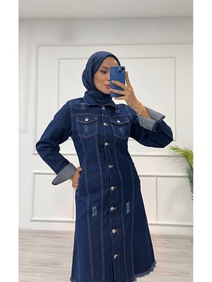 Koyu Mavi Kot Tunik Püskül Detaylı Çift Cepli Denim Ceket Koyu Mavi Kot Tunik Püskül Detaylı Çift Cepli Denim Ceket