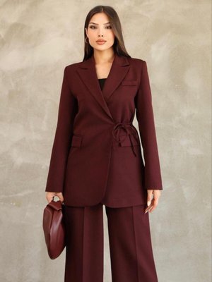 Bordo Blazer Yandan Bağlamalı Şık Ve Rahat Ceket