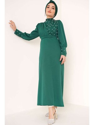 İnci Süslemeli Özel Gün Elbisesi Zümrüt