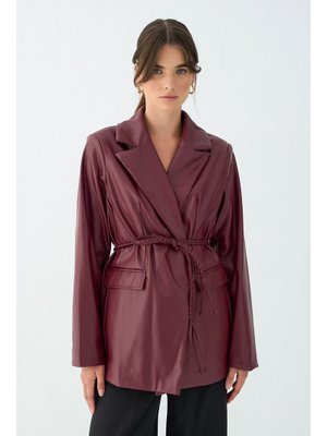 Bordo Örgü Kuşaklı Deri Ceket