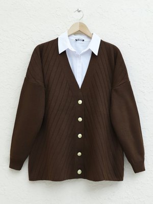 Kahve Çapraz Çizgili Broş Düğmeli Triko Hırka