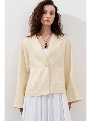 Sarı Keten Tek Düğmeli Bluz