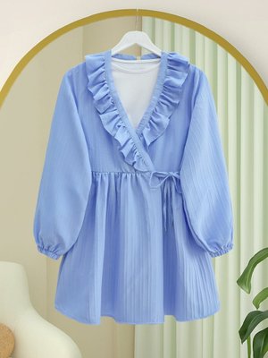 Mavi Fırfırlı Önü Bağcıklı Kolu Lastikli Kimono