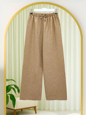 Tarçın Beli Lastikli Bağcık Detaylı Bol Paça Sofya Keten Pantolon