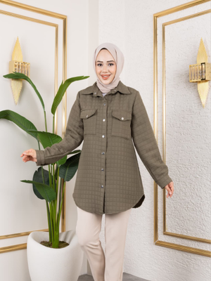 Cep Detaylı Kapitone Kumaş Çıtçıtlı Haki Tunik Cep Detaylı Kapitone Kumaş Çıtçıtlı Haki Tunik