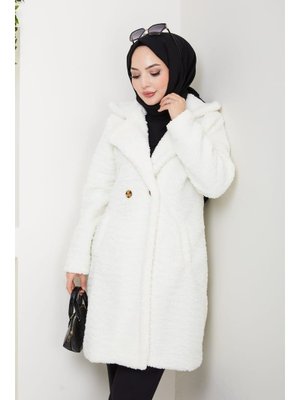 Kürk Kumaş Astarlı Düğmeli Beyaz Kaban