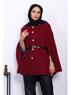 Bordo Kemerli Şordonlu Triko Panço Bordo Kemerli Şordonlu Triko Panço