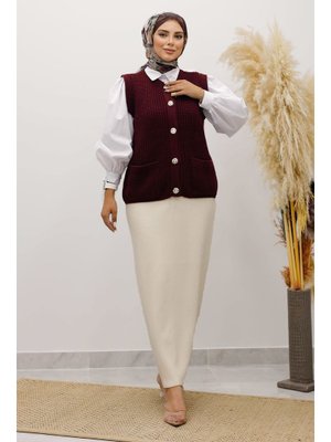 Bordo Düğmeli Triko Süveter