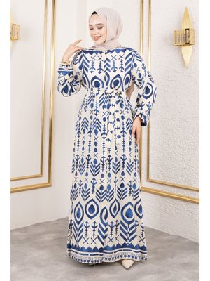 İndigo Boydan Düğmeli Viskon Elbise