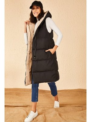 Siyah Çift Taraflı Uzun Kapişonlu Kolsuz Şişme Yelek Siyah Çift Taraflı Uzun Kapişonlu Kolsuz Şişme Yelek