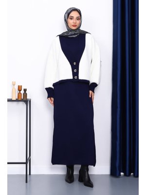 Lacivert Düğmeli Triko Hırka Elbiseli İkili Kombin