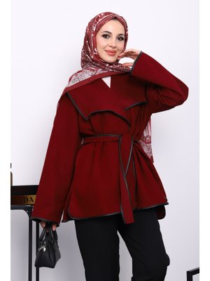 Bordo Deri Biyeli Şal Yaka Kaşe Ceket Bordo Deri Biyeli Şal Yaka Kaşe Ceket