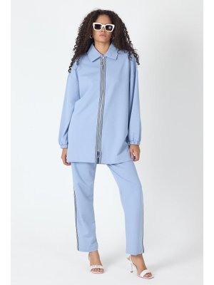 İndigo Fermuar Kapamalı Şerit Detaylı Gömlek Yaka Pamuklu Örme Alt Üst Takım