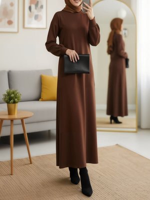 Kahve Yuvarlak Yaka Uzun Oysh Elbise Kahve Yuvarlak Yaka Uzun Oysh Elbise