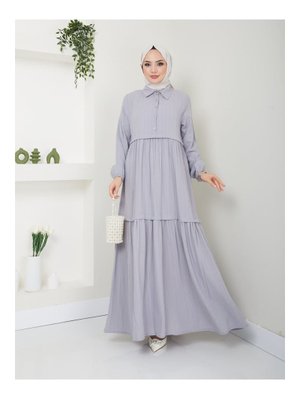 Gri Viskon Kumaş Yaka Gömlek Elbise