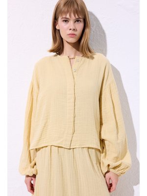 Sarı Müslin Balon Kol Kısa Bluz