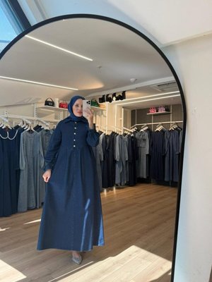 Lacivert Önü Düğmeli Pile Detaylı Denim Elbise Lacivert Önü Düğmeli Pile Detaylı Denim Elbise