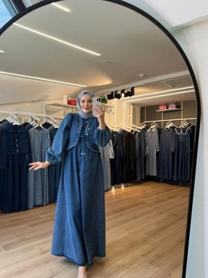 Mavi Önden Kurdale Bağlamalı Denim Kumaş Elbise