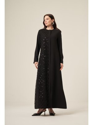 Siyah Si̇yah Tek Tarafı Papatya Desenli̇ Pul Boncuk İşlemeli̇ Gi̇zli̇ Fermuarlı Ferace