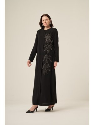 Siyah Si̇yah Beyaz Swarovski̇ Taş Detaylı Gi̇zli̇ Fermuarlı Ferace