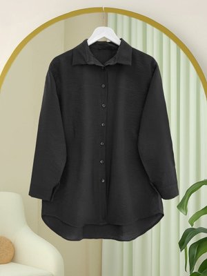 Siyah Arkası Uzun Düğmeli Poplin Gömlek