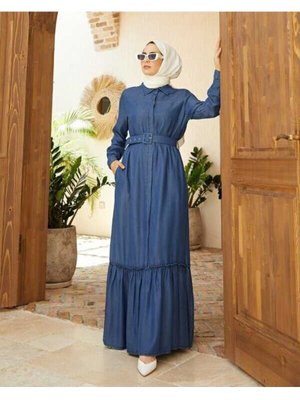 Koyu Mavi Denim Kemerli Tensel Elbise