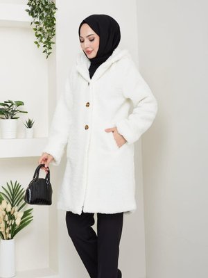 Kürk Kumaş Astarlı Düğmeli Kapüşonlu Beyaz Kaban
