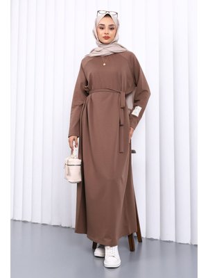 Koyuv Vizon Bisiklet Yaka Bel Kuşaklı Elbise Koyuv Vizon Bisiklet Yaka Bel Kuşaklı Elbise