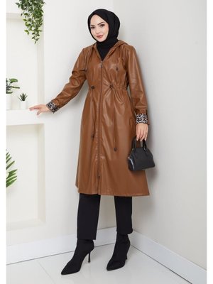 Kapüşonlu Fermuarlı Şardonlu Deri Taba Kap