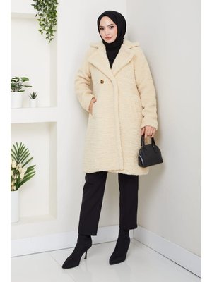 Kürk Kumaş Astarlı Düğmeli Bej Kaban