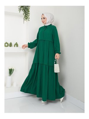 Viskon Kumaş Yaka Gömlek Elbise Zümrüt