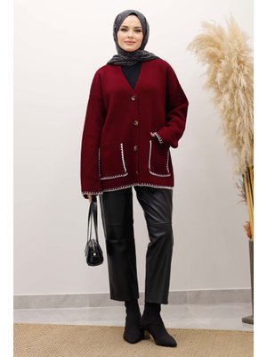 Bordo Çoban Dikişli Cepli Triko Hırka