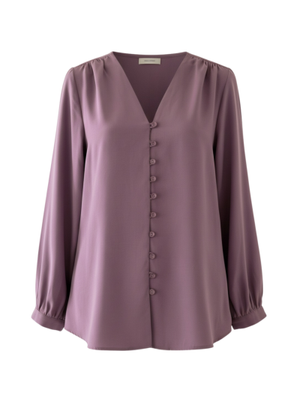 Vişne V Yaka Düğmeli Arkası Uzun Gömlek