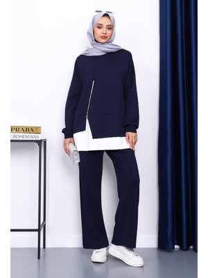 Lacivert Fermuar Detaylı Modal Tunik Pantolonlu Takım Lacivert Fermuar Detaylı Modal Tunik Pantolonlu Takım