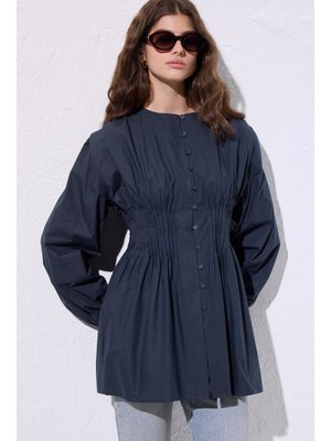 Lacivert Beli Pile Detaylı Uzun Kol Bluz