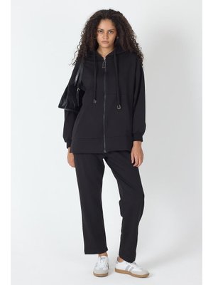 Siyah Fermuar Kapamalı Kapüşonlu Sweatshirt Ve Bol Paça Pantolon Pamuklu Örme Alt Üst Takım Siyah Fermuar Kapamalı Kapüşonlu Sweatshirt Ve Bol Paça Pantolon Pamuklu Örme Alt Üst Takım