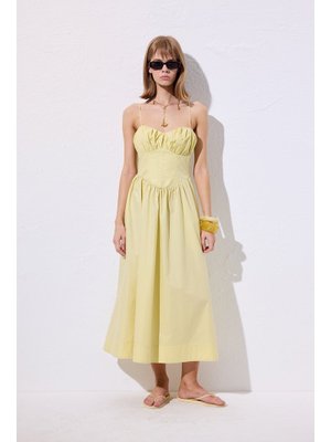 Sarı Büzgülü Korsajlı Elbise Sarı Büzgülü Korsajlı Elbise