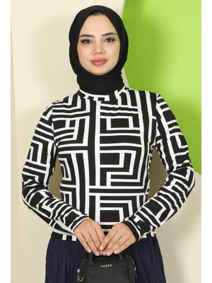 Beyaz Labirent Desenli Bisiklet Yaka Body Beyaz Labirent Desenli Bisiklet Yaka Body