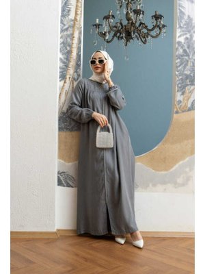Gri Taşlı Tensel Fermuarlı Ferace