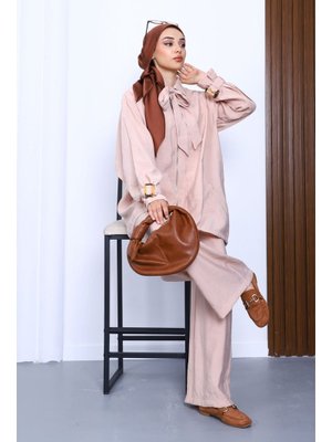 Bej Fermuarlı Modal Tunik Pantolonlu Takım