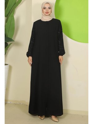 Siyah Kolları Taşlı Büyük Beden Ferace Siyah Kolları Taşlı Büyük Beden Ferace