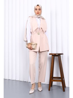 Bej Bel Lastikli Yelek Pantolonlu Takım