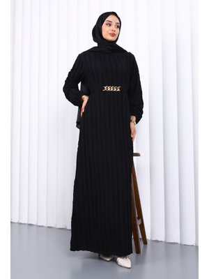 Siyah Beli Kemerli Fırfır Detaylı Gofre Elbise Siyah Beli Kemerli Fırfır Detaylı Gofre Elbise