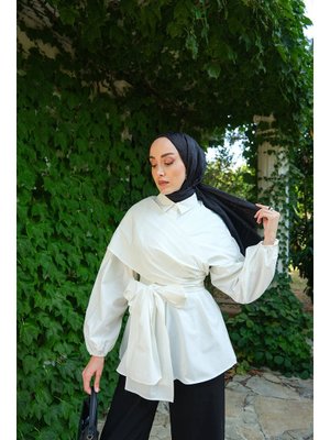 Beyaz Omuz Bağlamalı Poplin Gömlek